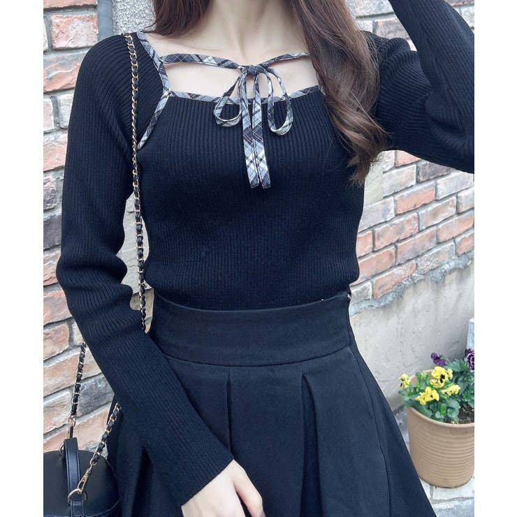 12Gチェック柄配色デコルテリボンニット | INGNI  | 詳細画像2 