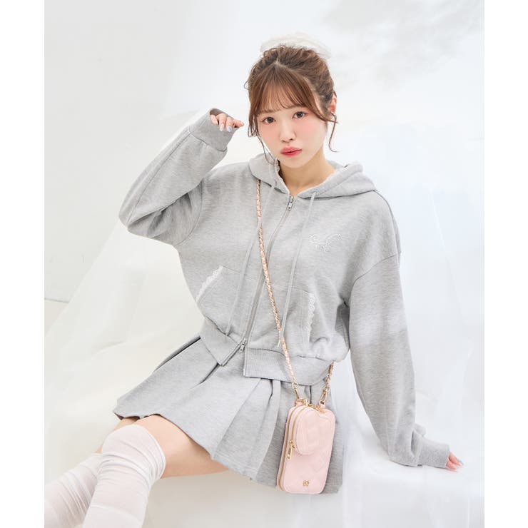 グレー | レース付胸ロゴ裏毛ショートZIPパーカー | INGNI 