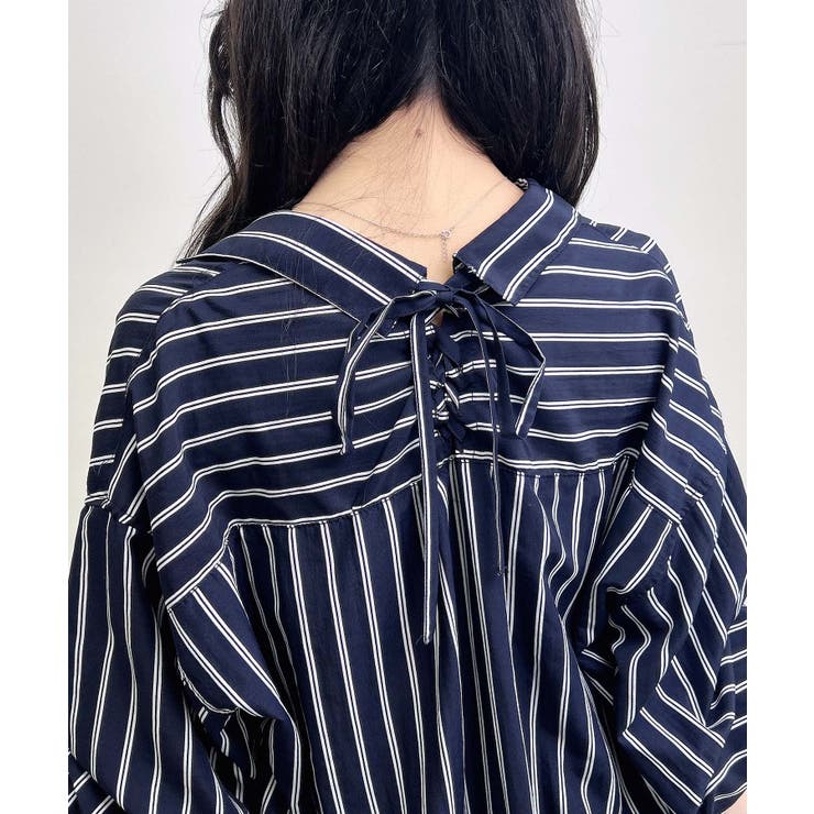 バックレースアップいろいろ釦ストライプ裾タックシャツ[品番