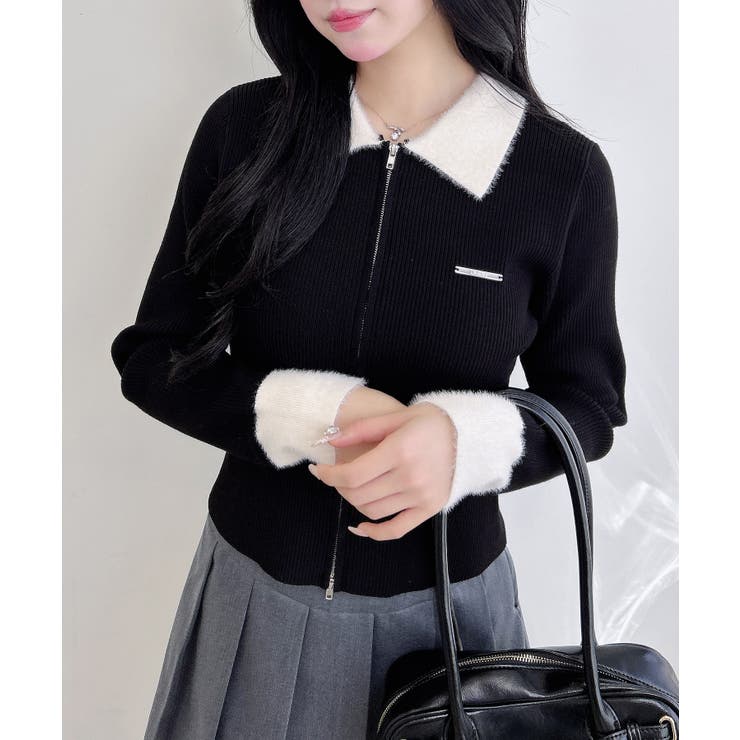 クロ/オフホワイト | 12Gリブ フェザー衿ダブルジップニットカーディガン | INGNI 