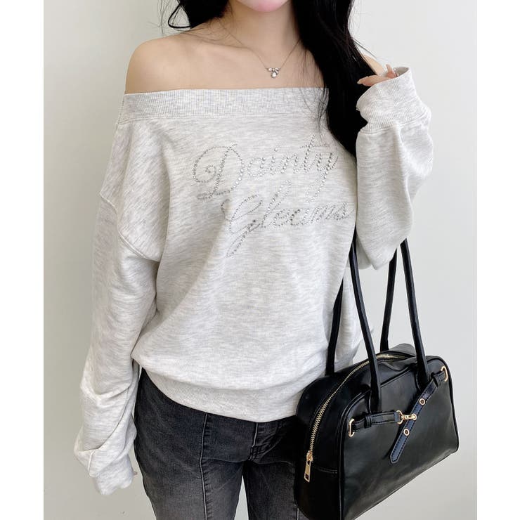 オートミール | ラインストーンロゴオフショルショート裏毛トップス | INGNI 