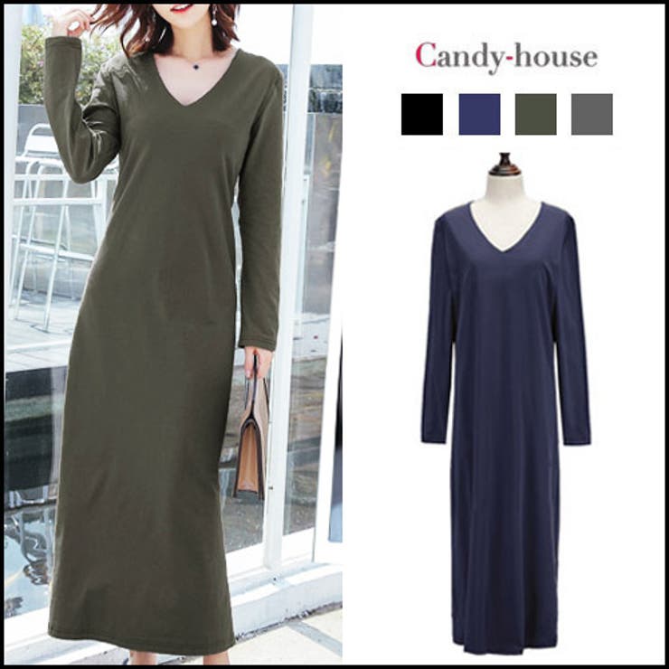 ロングワンピース Vネック 無地 | candy-house  | 詳細画像1 
