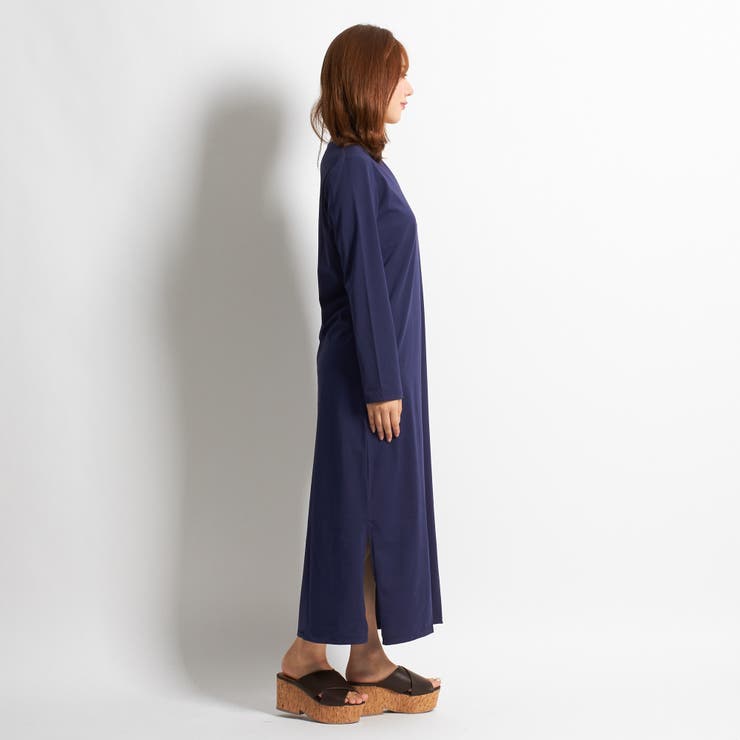 ロングワンピースマキシ丈コットン長袖Vネック