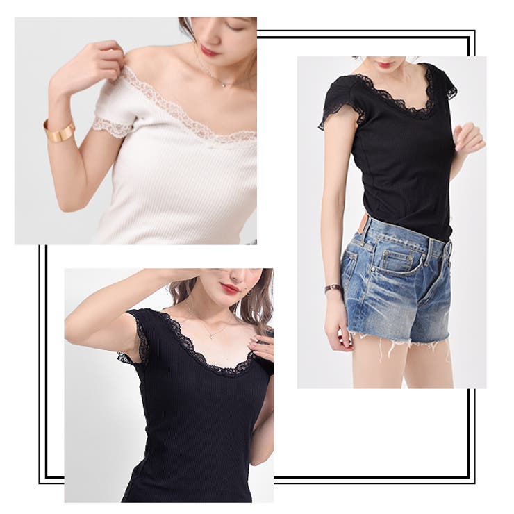 Tシャツ トップス カットソー レディース Vネック レース フレンチ 