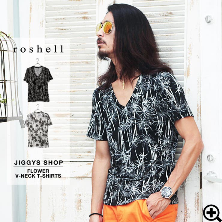roshell(ロシェル)モノトーン花柄VネックTシャツ[品番