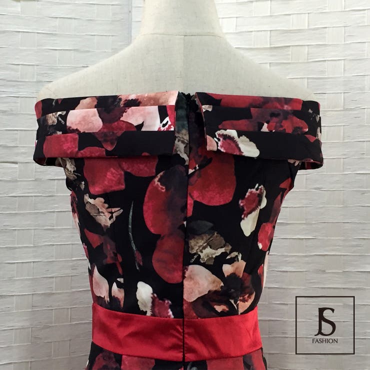 花柄プリント オフショルダードレスワンピース スレンダーライン