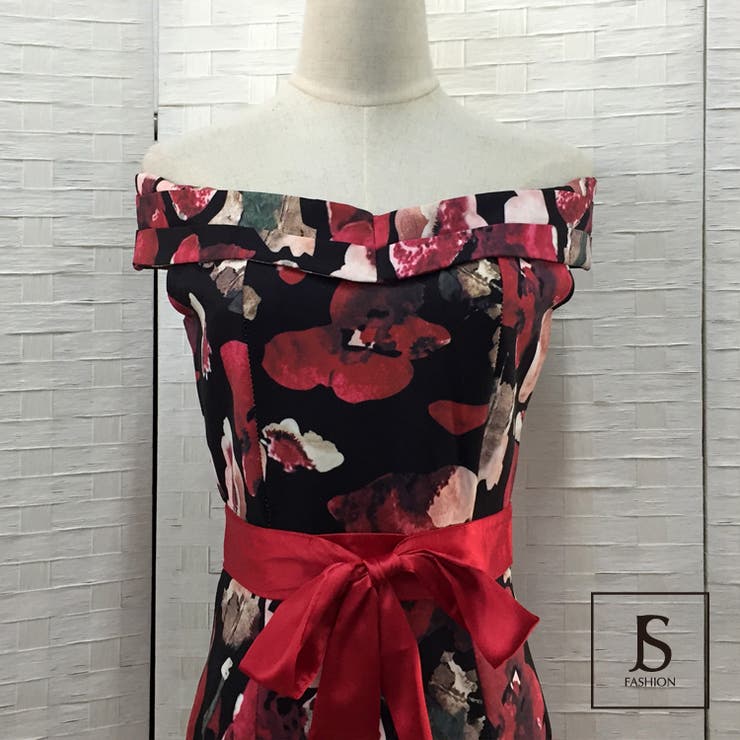 花柄プリント オフショルダードレスワンピース スレンダーライン