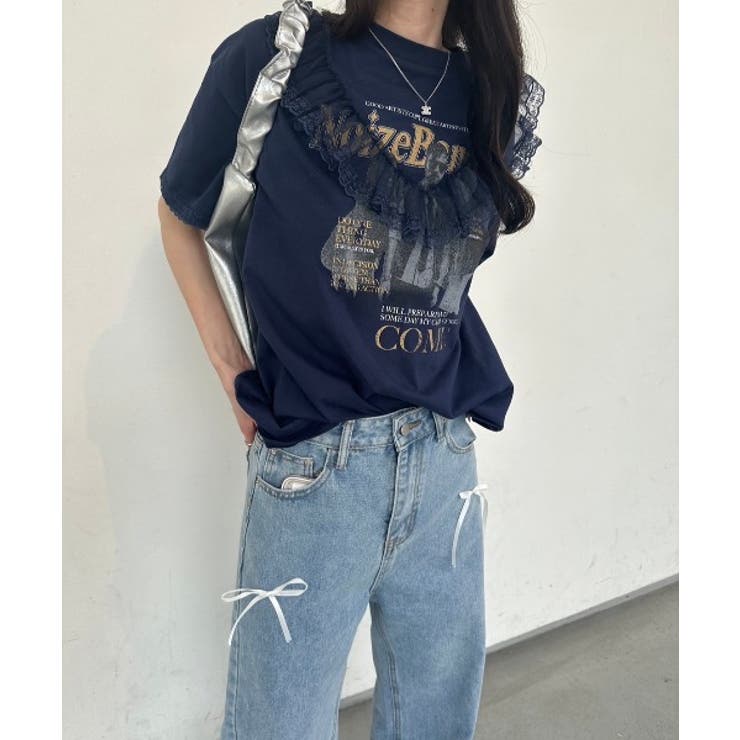 ネイビー | ヴィンテージ風レースTシャツ | nemne