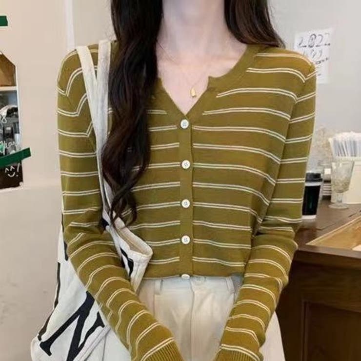 ボーダーカーディガン 長袖 ニット[品番 