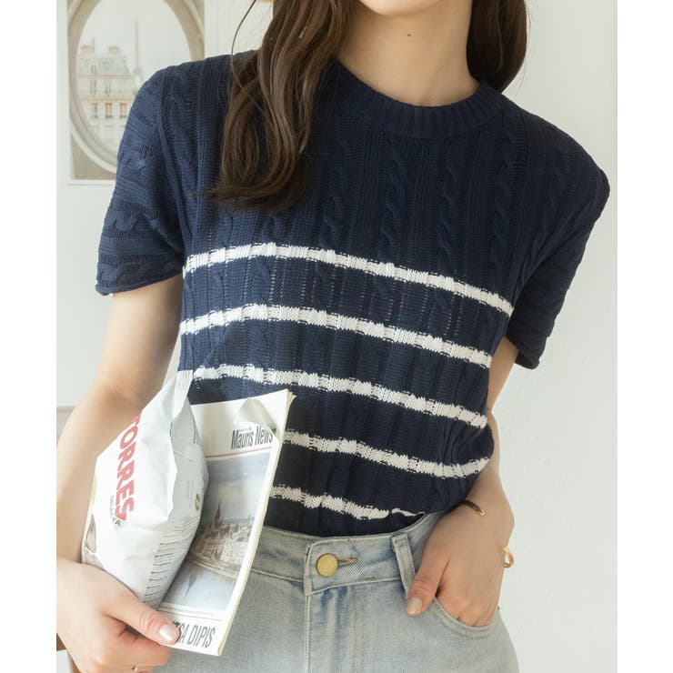 ケーブル編みボーダー半袖ニット[品番：ORGW0000540]｜Ada.（エイダ