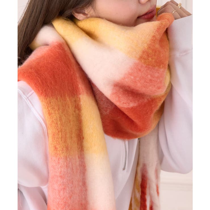 オレンジ系 | カラフル ブロックチェック ボリューム フリンジ マフラー | Ada.