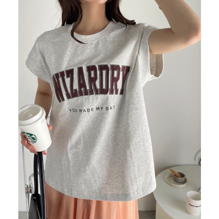 サテン刺繍 ロゴ フレンチスリーブ Tシャツ[品番：ORGW0008619