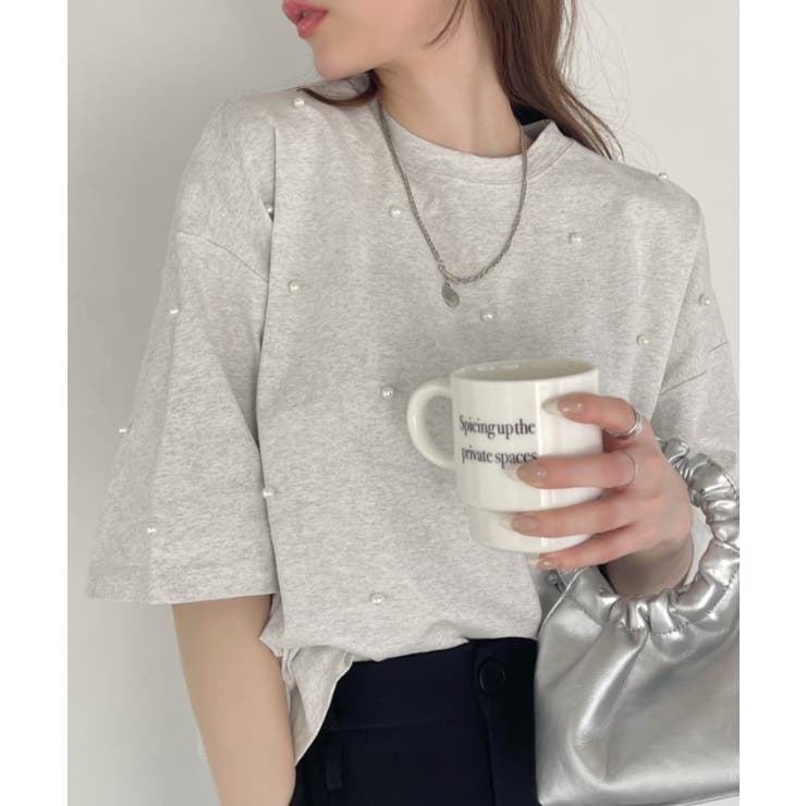 オートミール | パール付き 半袖 Tシャツ | Ada.
