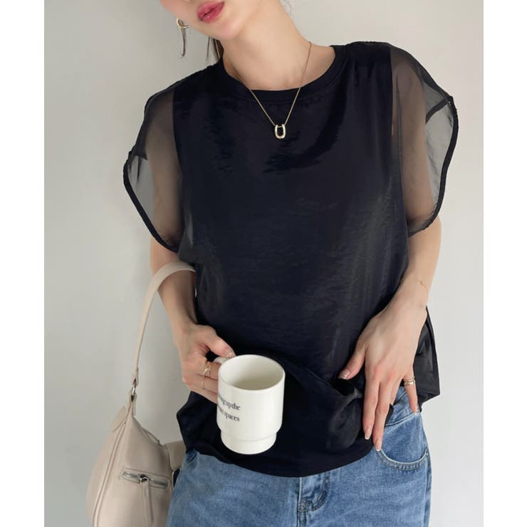オーガンジー カットソー ドッキング フレンチスリーブ トップス