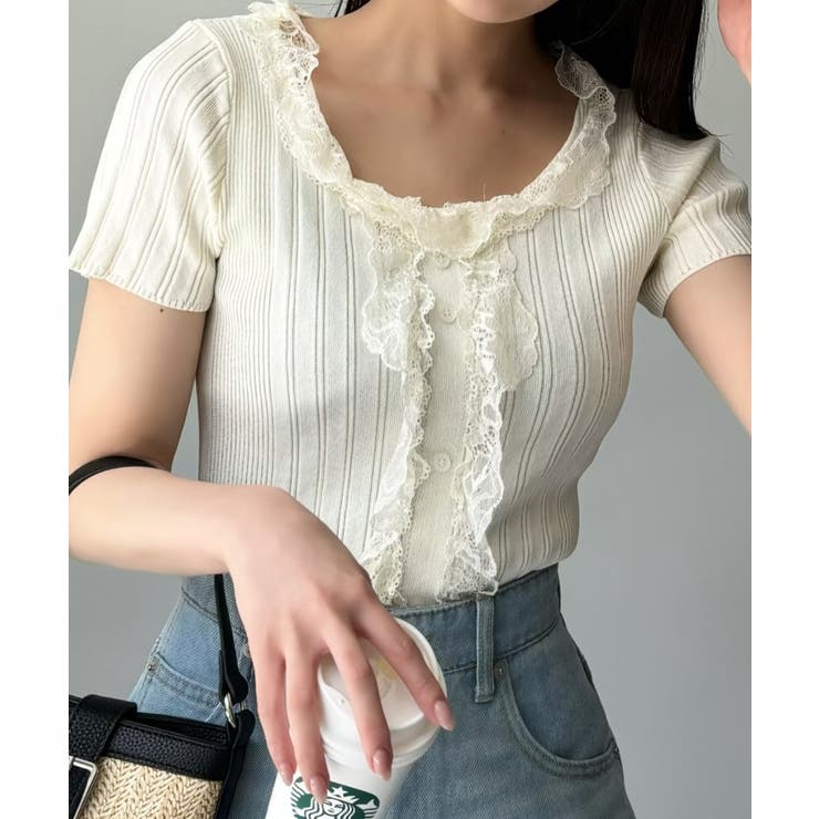 レース フリル デザイン ニット バレエコア Tシャツ[品番