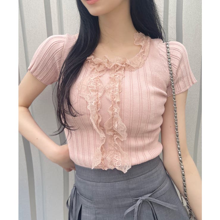 レース フリル デザイン ニット バレエコア Tシャツ[品番
