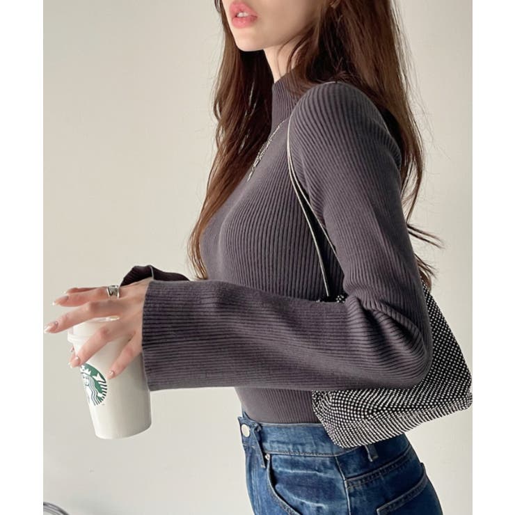 チャコール | ぷちハイネック フレアスリーブ ニット ボーダー/無地 | Ada.