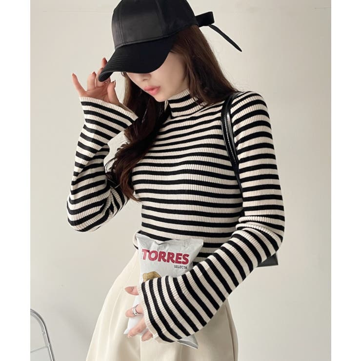 ブラックボーダー | ぷちハイネック フレアスリーブ ニット ボーダー/無地 | Ada.