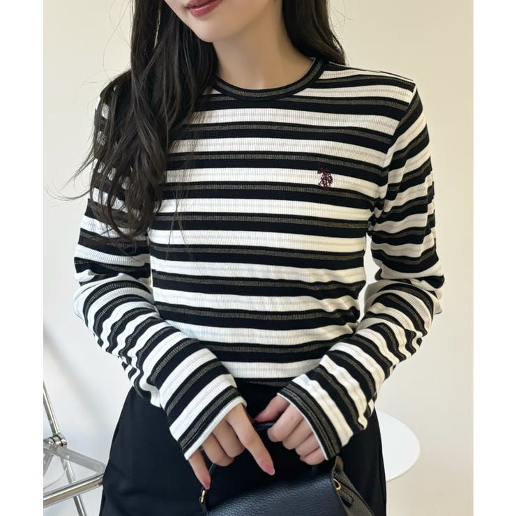 チャコール | U.S. POLO ASSN. ラメ リブ ボーダー クルーネック Tシャツ | Ada.