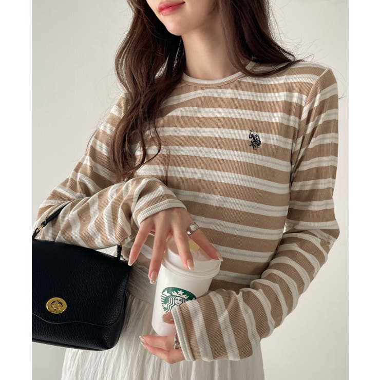 ベージュ | U.S. POLO ASSN. ラメ リブ ボーダー クルーネック Tシャツ | Ada.