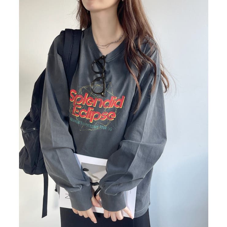 チャコール | フェスデザイン ヴィンテージライク 長袖 Tシャツ | Ada.