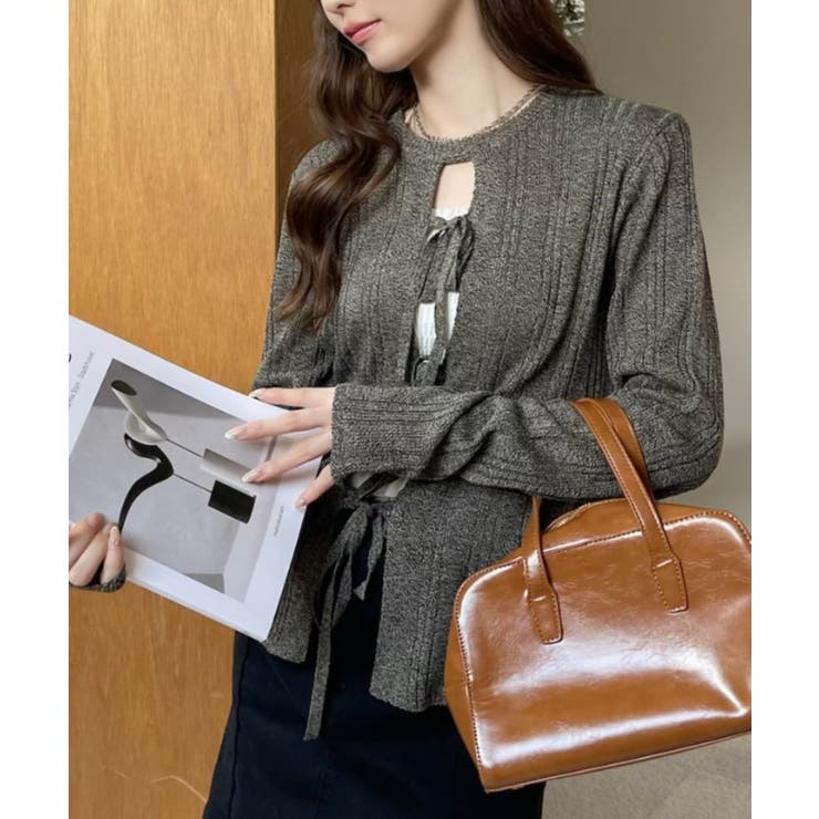 ブラック | 2WAY リボン開き メランジニット トップス | Ada.