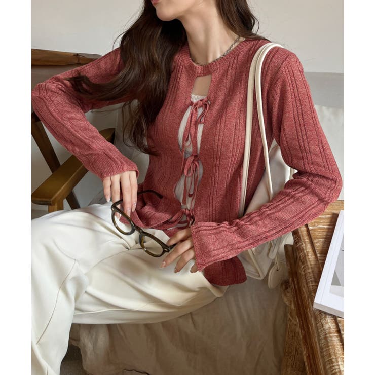 レッド | 2WAY リボン開き メランジニット トップス | Ada.