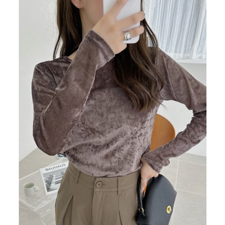 ブラウン | シアー ベロア クルーネック ロングスリーブ トップス | Ada.