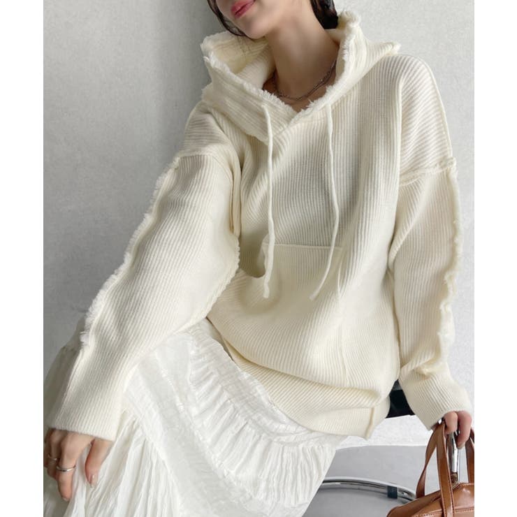 ホワイト | グランジ風 オーバーサイズ フーディー ニット | Ada.