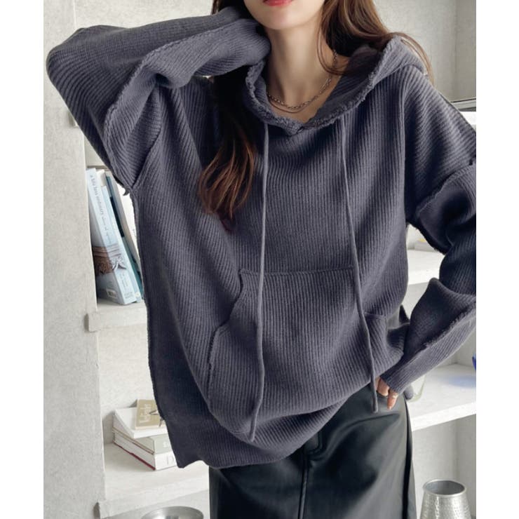 グレー | グランジ風 オーバーサイズ フーディー ニット | Ada.