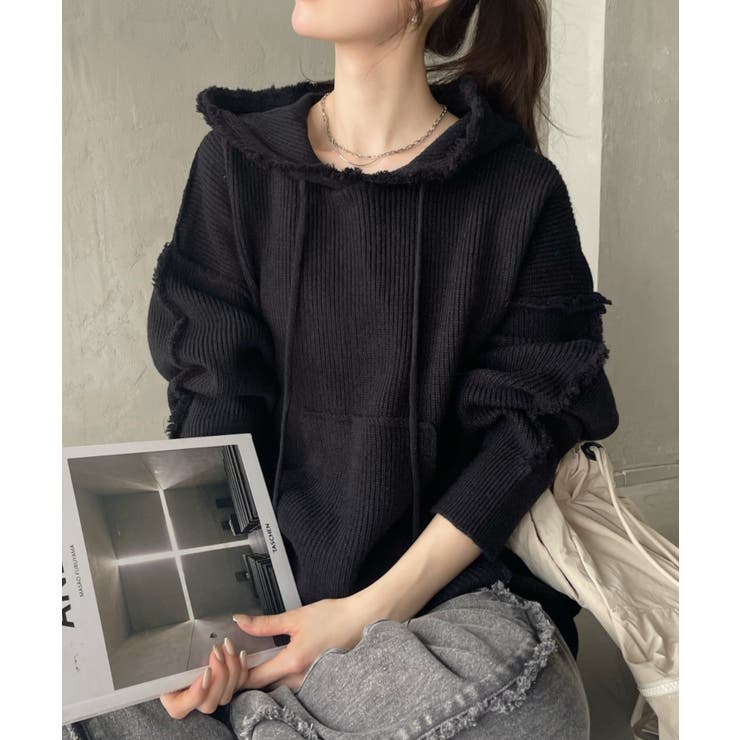 ブラック | グランジ風 オーバーサイズ フーディー ニット | Ada.