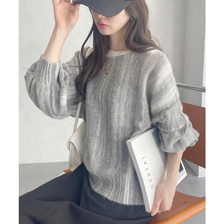 グレー | グラデーション ボーダー 配色 クルーネック ニット | Ada.