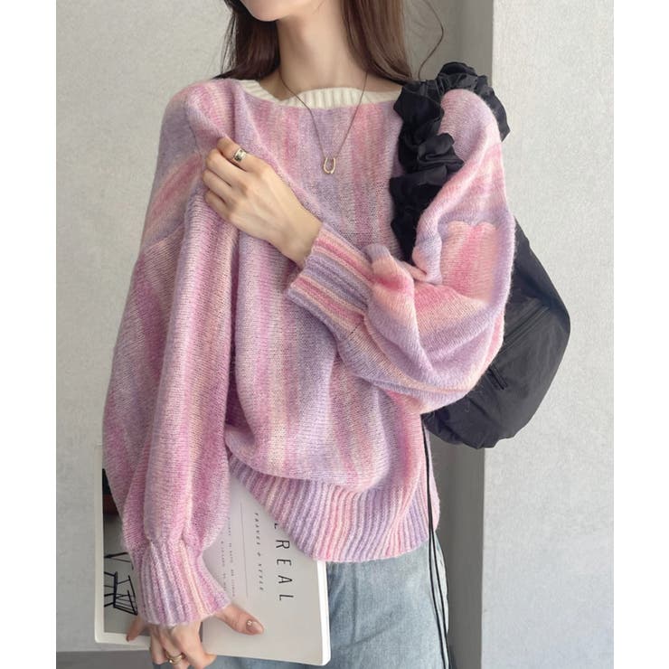 ピンク | グラデーション ボーダー 配色 クルーネック ニット | Ada.