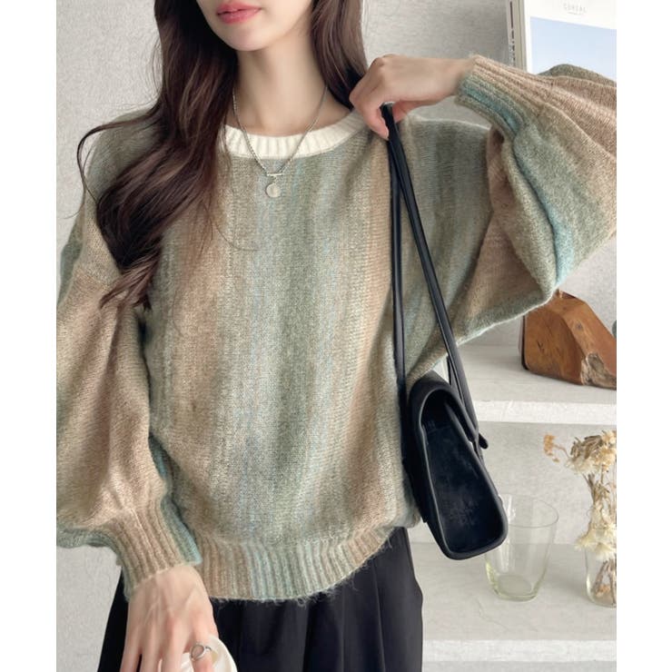 グリーン | グラデーション ボーダー 配色 クルーネック ニット | Ada.