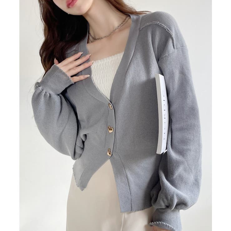 グレー | Vネック ハートボタン 長袖 カーディガン | Ada.