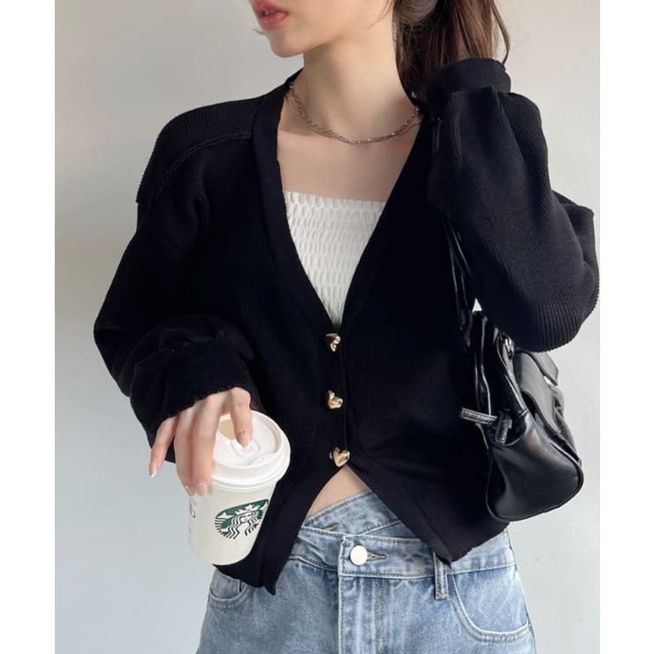 ブラック | Vネック ハートボタン 長袖 カーディガン | Ada.