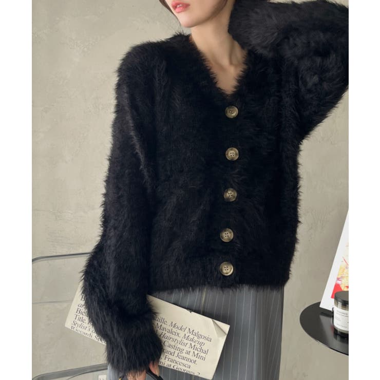 ブラック | シャギー Vネック マーブルボタン ルーズ カーディガン | Ada.