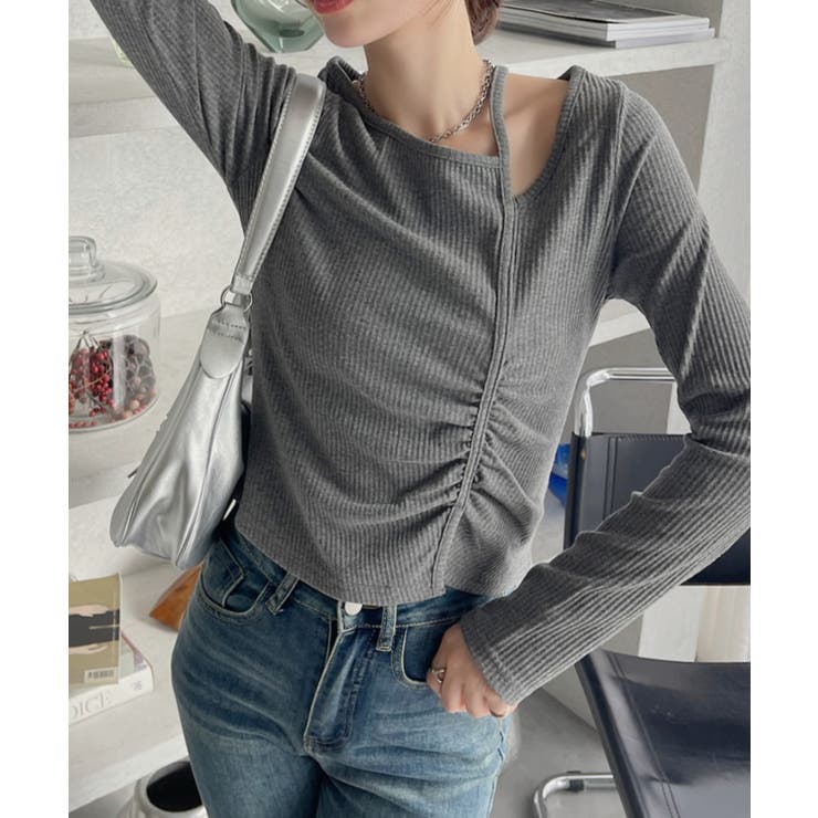 グレー | シャーリング アシンメトリー テレコ トップス | Ada.