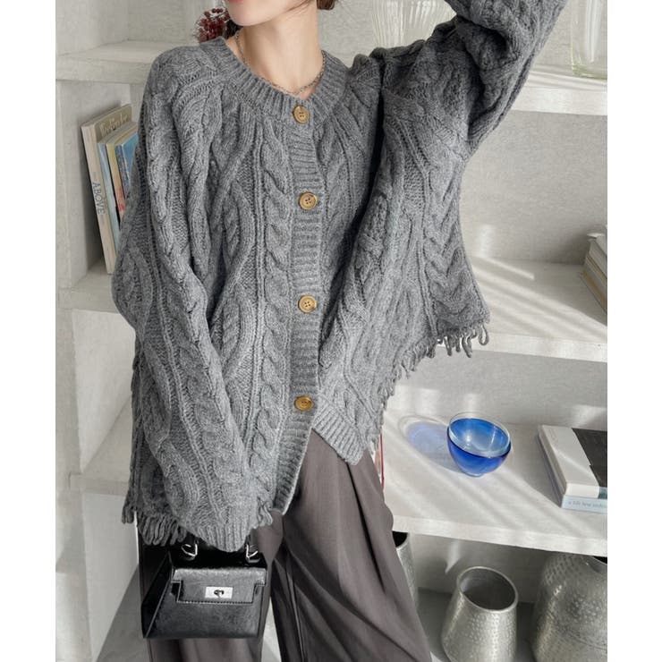 チャコール | 前後2WAY ケーブル フリンジ オーバーサイズ カーディガン | Ada.