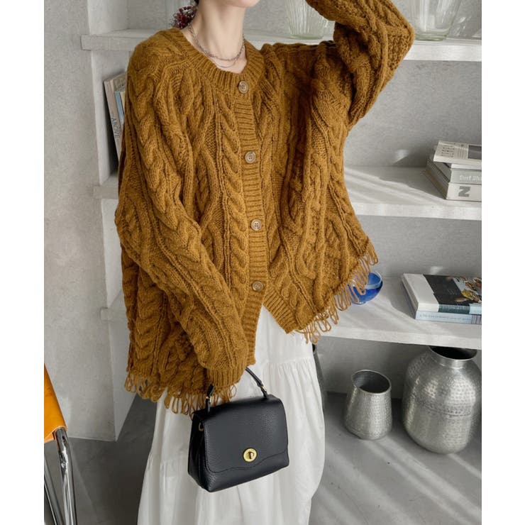マスタード | 前後2WAY ケーブル フリンジ オーバーサイズ カーディガン | Ada.