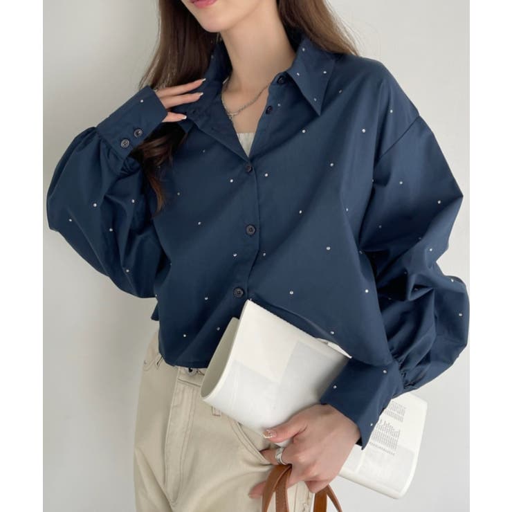 ネイビー | 【Eclat one】ビジュー デザイン ボリュームスリーブ シャツ | Eclat one