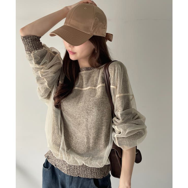 ブラウン | チュールドッキング ミックスカラー ニット | Eclat one