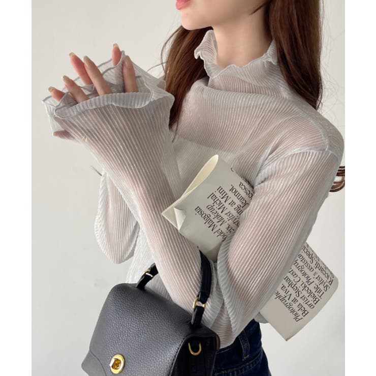 オフホワイト | 【Eclat one】ハイネック ラメ シアー プリーツ トップス | Eclat one