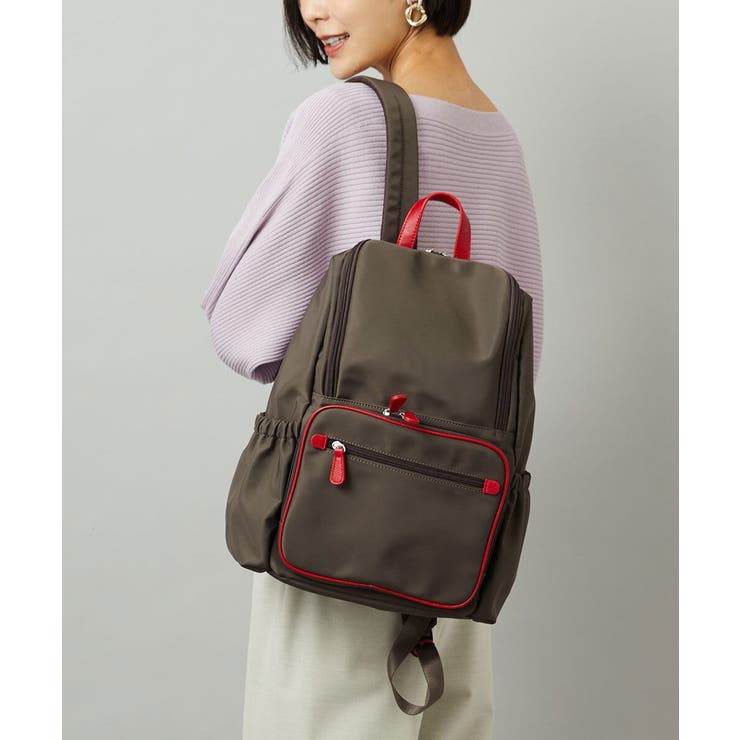 ブラウン×レッド | [撥水/A4収納可]スクエアデザインバックパック | MK MICHEL KLEIN BAG