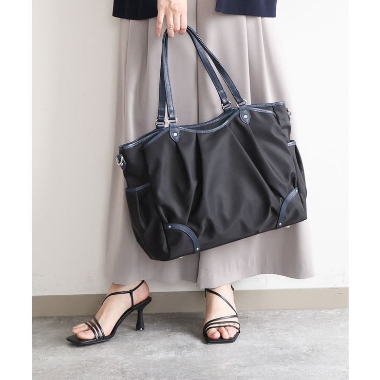 ブラック×ネイビー | [2WAY/撥水/A4収納可]レザージョイントタックデザイントートバッグ | MK MICHEL KLEIN BAG