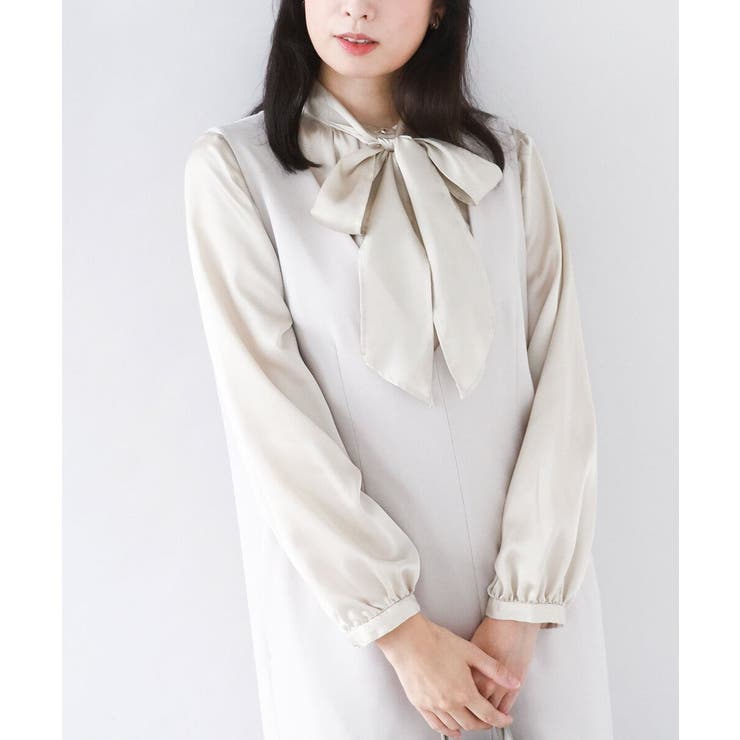 ベージュ | リボン付きバンドカラーブラウス/洗える/WEB限定サイズあり | OFUON