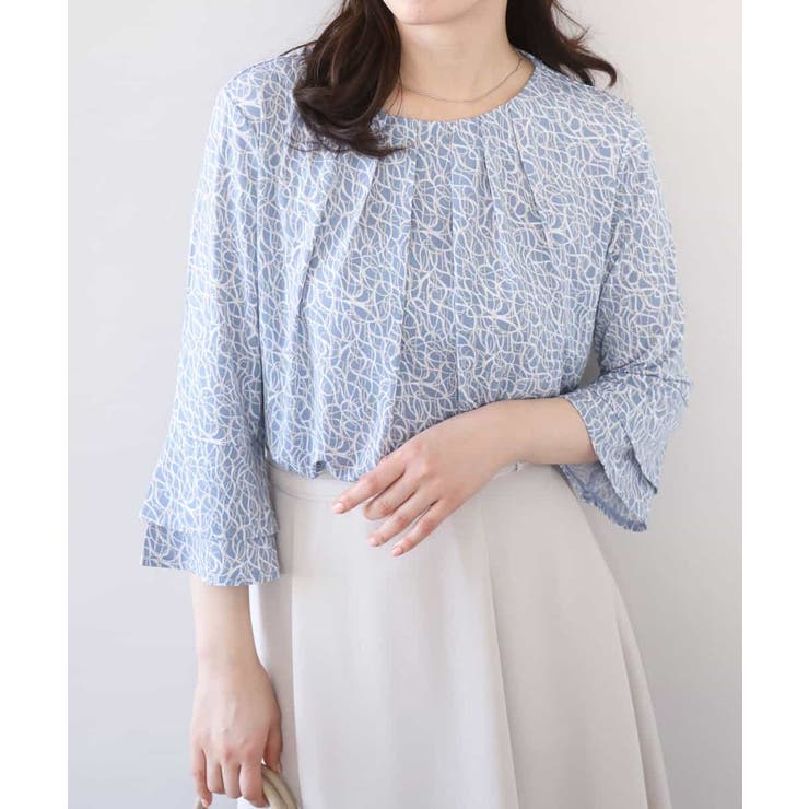 カリグラフィープリント フレアー袖ジャージブラウス 洗える | OFUON | 詳細画像1 