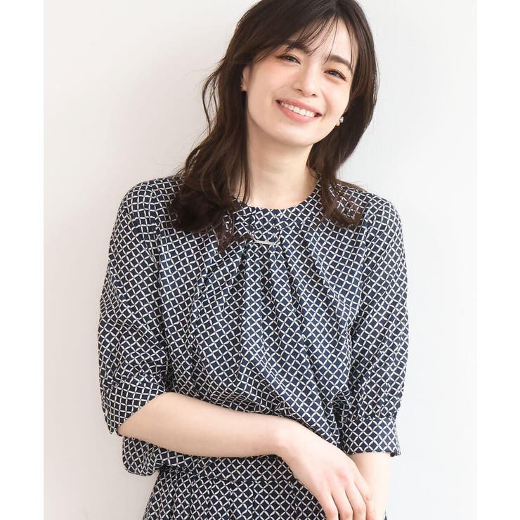 ネイビー | 2WAYチャーム付き格子柄ブラウス 洗濯機で洗える WEB限定サイズあり | OFUON
