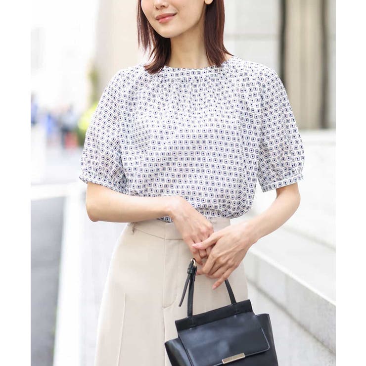 アイボリー | カラースクエアプリント2wayブラウス/洗える | OFUON