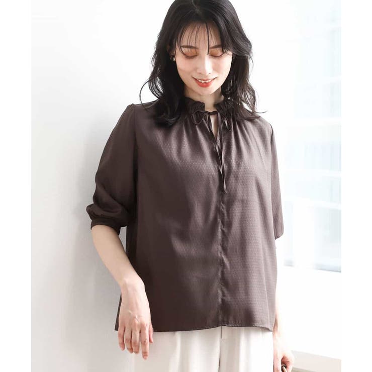 ブラウン | ドットジャガードフリルリボンブラウス/UVカット/洗える/WEB限定サイズあり | OFUON